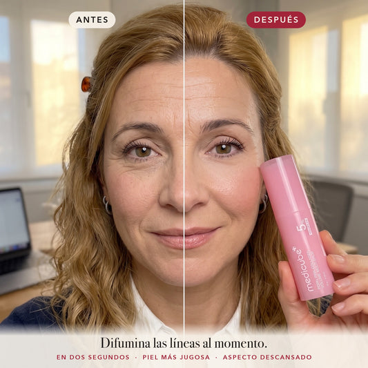 Antes y después del bálsamo en barra medicube: las líneas de expresión difuminadas al momento, piel más jugosa
