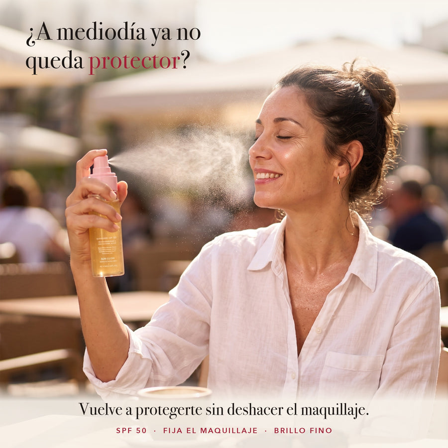 Bruma solar SPF 50 por encima del maquillaje en una terraza al sol: fija el maquillaje y deja un brillo fino