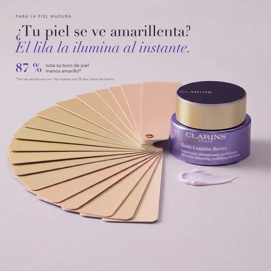 Muestrario de tonos de piel de amarillento a luminoso junto a Clarins Nutri-Lumière Revive