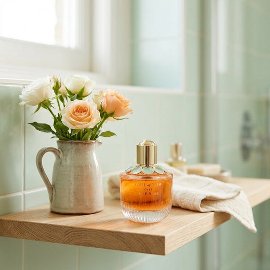 Elie Saab Girl of Now Lovely en una repisa de baño con rosas