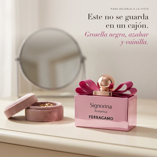Ferragamo Signorina Romantica en un tocador con espejo y un joyero