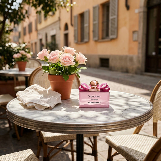 Ferragamo Signorina Romantica en la mesa de una terraza italiana con rosas