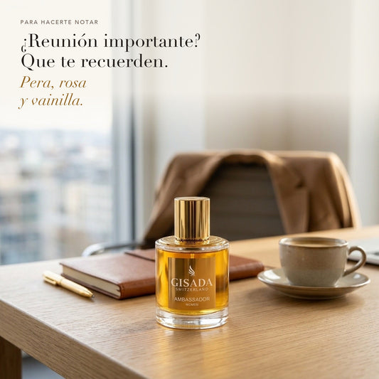 Gisada Ambassador Women en un escritorio con libreta, café y una americana