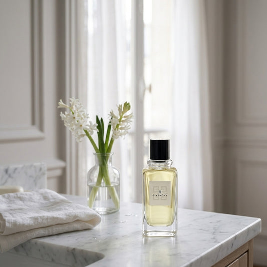 Givenchy III en una encimera de mármol con jacintos blancos