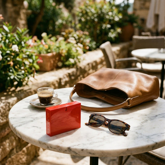 Gucci Rush en la mesa de una terraza con un bolso de piel, gafas de sol y un café