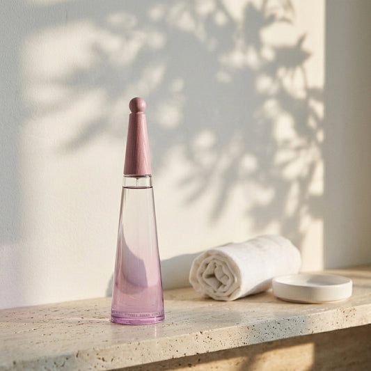 L'Eau d'Issey Solar Violet en un estante de travertino con sombras de hojas
