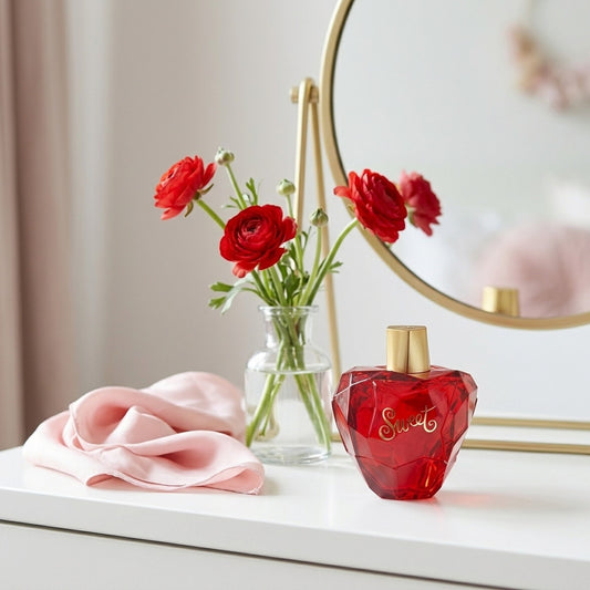 Lolita Lempicka Sweet en un tocador blanco con ranúnculos rojos