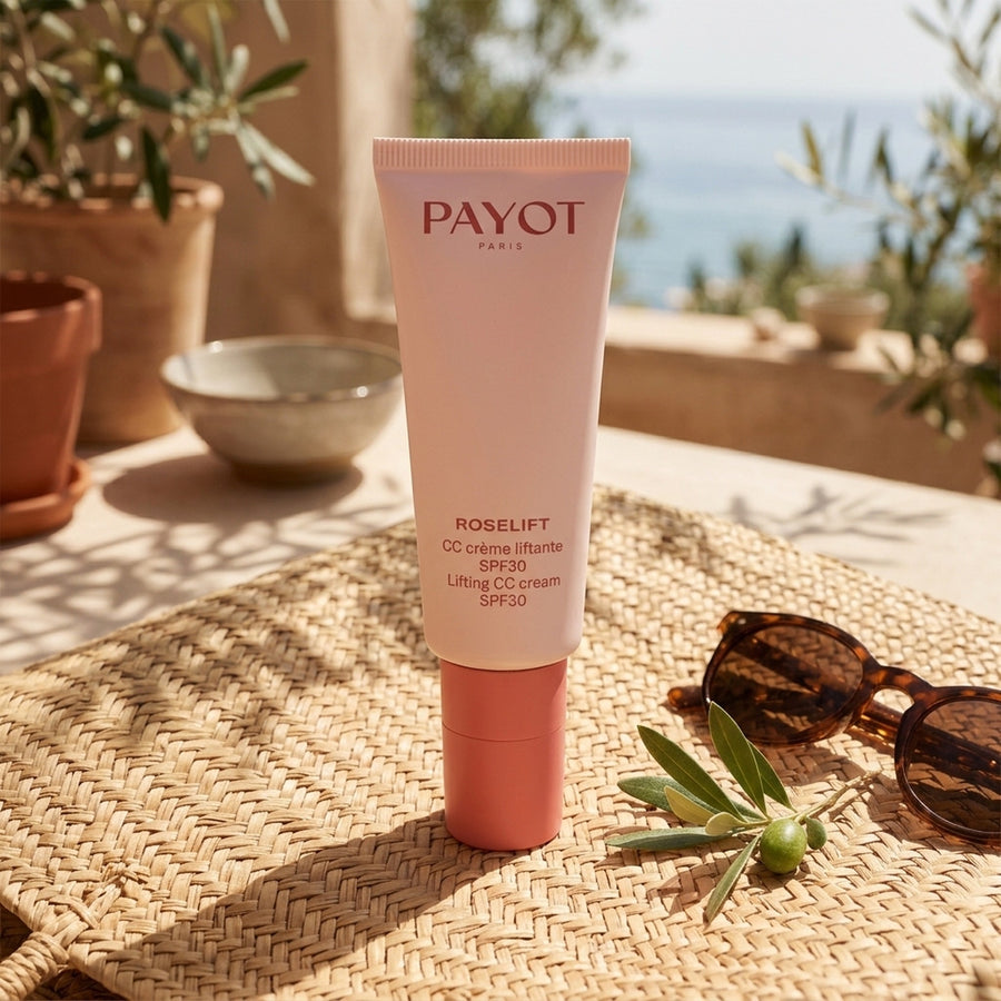 CC cream Payot Roselift en una terraza al sol, con gafas de sol