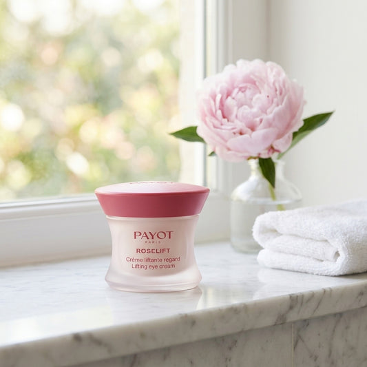 Contorno de ojos Payot Roselift junto a una ventana con una peonía