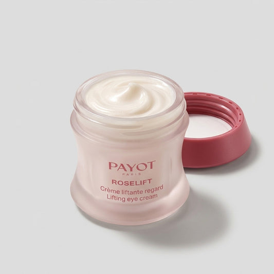 Tarro abierto de Payot Roselift Crème Liftante Regard con la crema