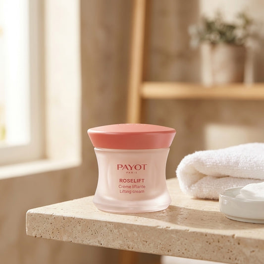 Crema de día Payot Roselift en una repisa de baño