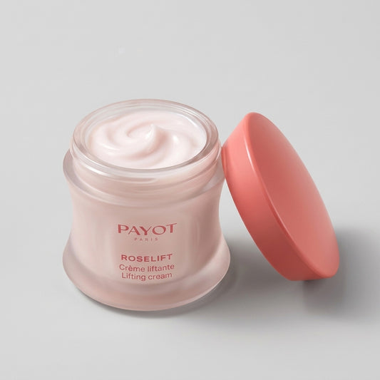 Tarro abierto de Payot Roselift Crème Liftante con la crema