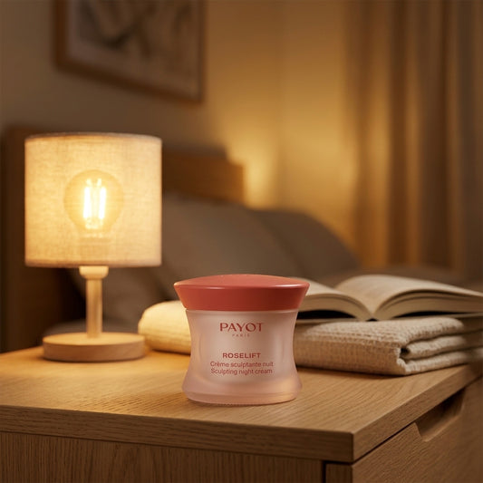 Crema de noche Payot Roselift en la mesilla, junto a la lámpara