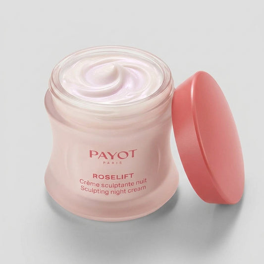 Tarro abierto de Payot Roselift Crème Sculptante Nuit con la crema
