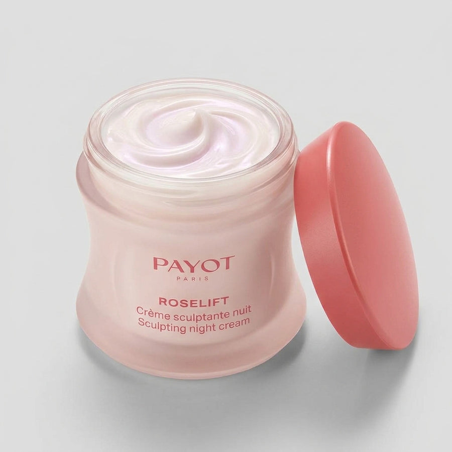 Tarro abierto de Payot Roselift Crème Sculptante Nuit con la crema