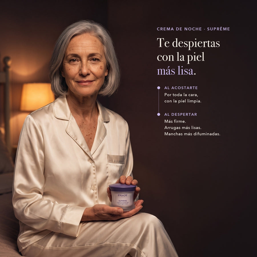 Mujer con la crema de noche Payot Suprême antes de dormir