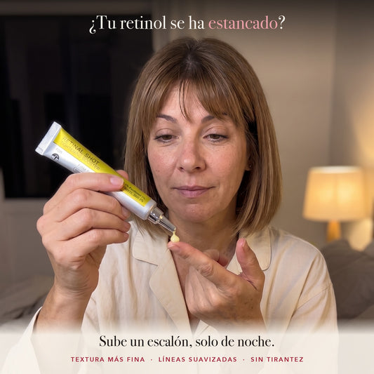 Retinal Shot de noche: una gota del tamaño de un guisante con la cánula. Textura más fina, líneas suavizadas, sin tirantez