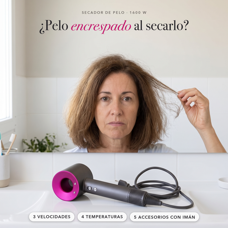 Mujer con el pelo encrespado frente al espejo y el Secador Aro apagado en el lavabo