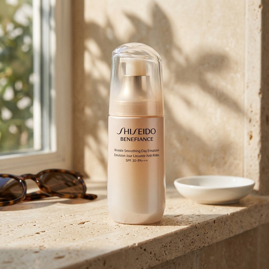 Emulsión de día Shiseido Benefiance SPF 30 en un estante de travertino con sol