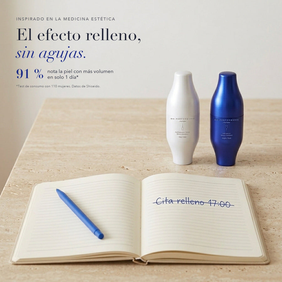 Agenda con la cita de relleno tachada junto al dúo Shiseido Skin Filler