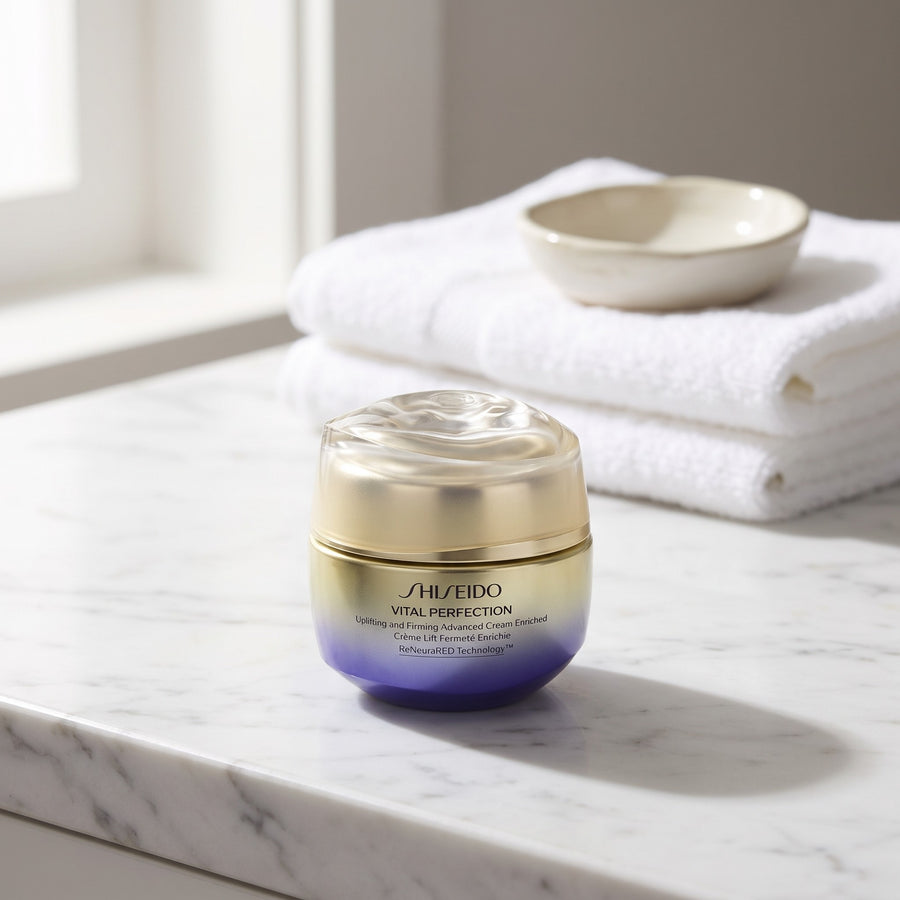 Crema Vital Perfection sobre un lavabo de mármol
